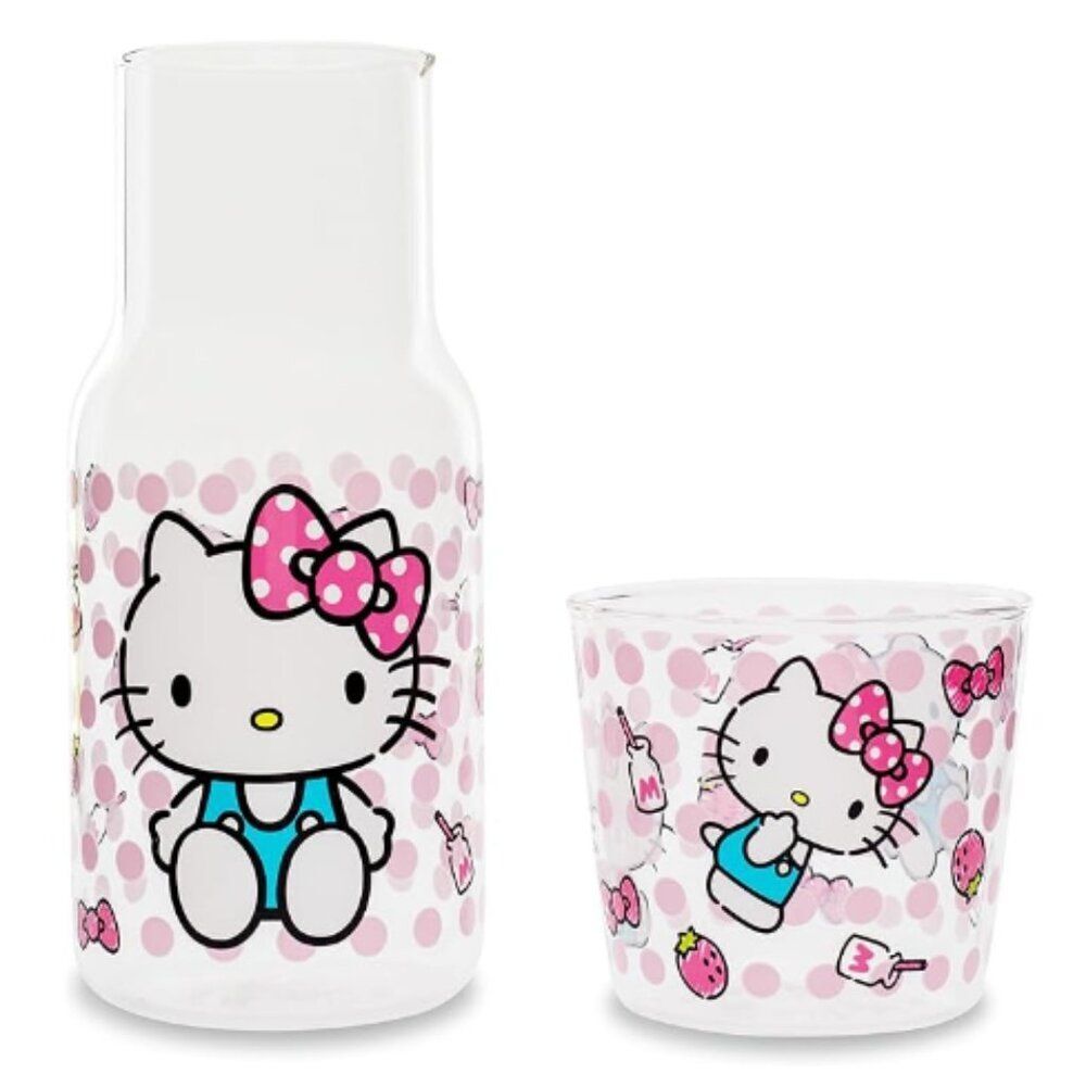 Hello kitty water pitcher and cup set | night stand | glass, polka dots, sanrio